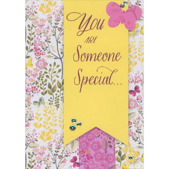 Designer Greetings Yellow 3D Die Cut Banner with Pink Butterfly and Silver Sequins Over Pink Ribbon, Sparkling Background Hand Decorated Easter Card for Someone Special