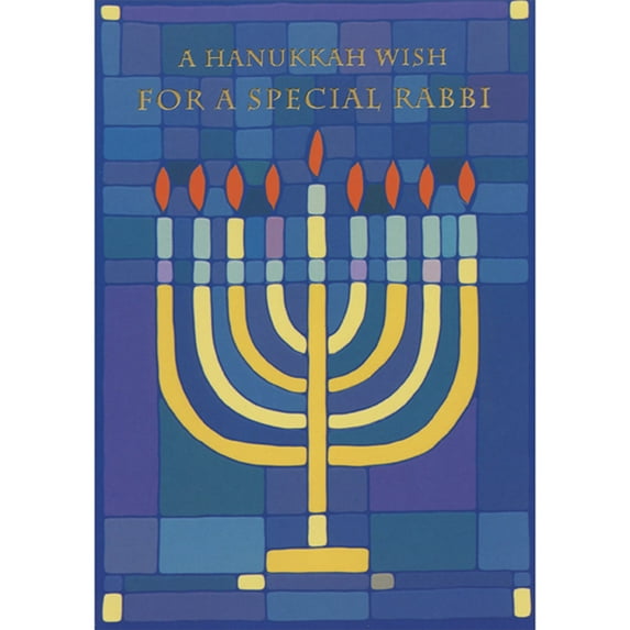 Designer Greetings Yellow Menorah with Orange Flames on Blue and Purple Blocks Hanukkah Card for Rabbi