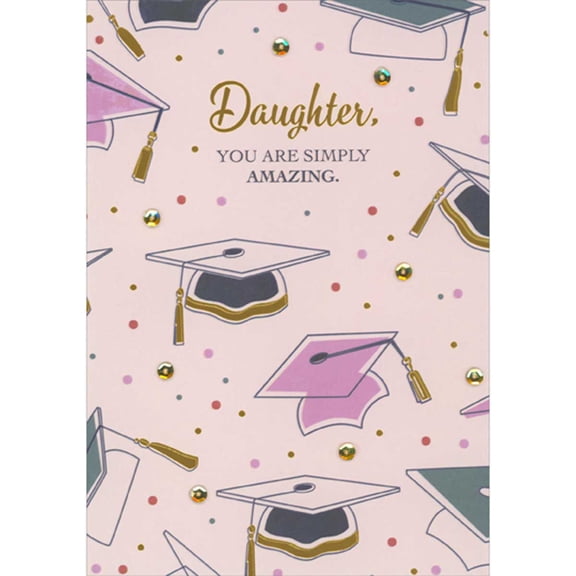 Designer Greetings You Are Simply Amazing: Line Art Grad Caps and 3D Gold Sequins Hand Decorated High School Graduation Card for Daughter