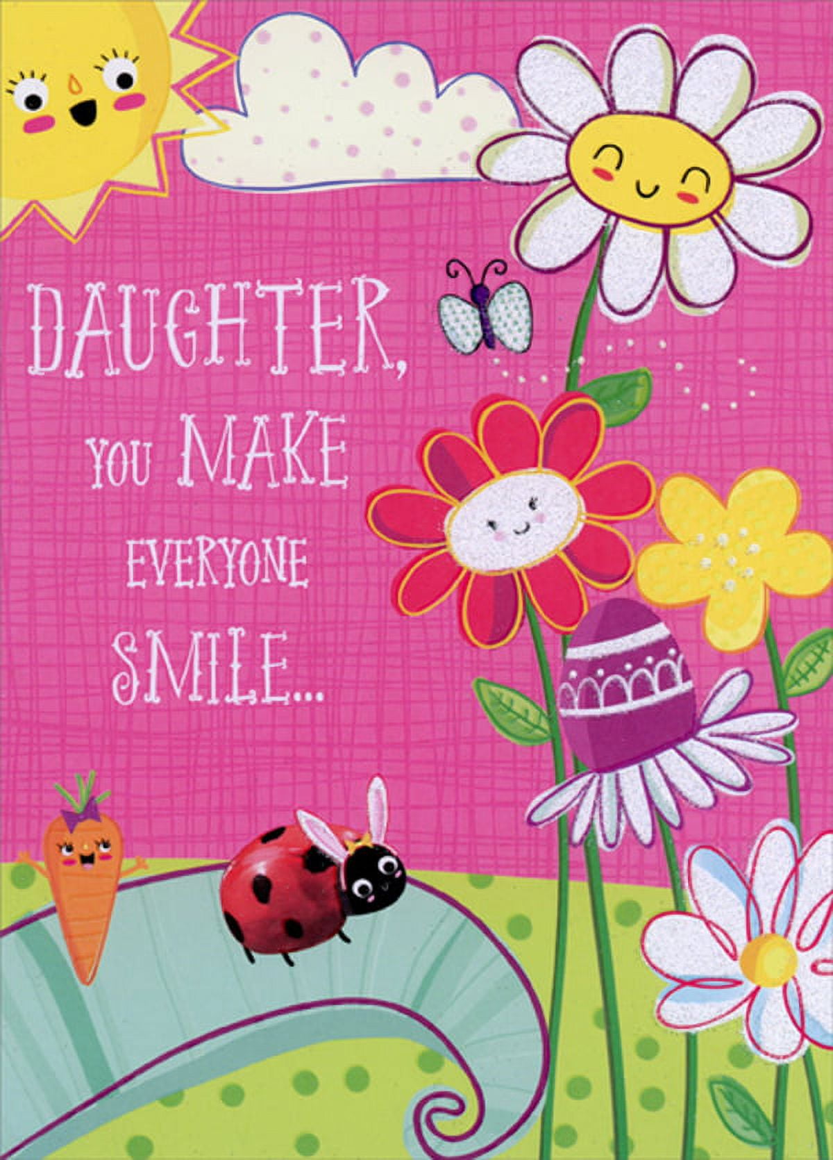 Designer Greetings You Make Everyone Smile : Smiley Faced Sun, Flowers, Carrot and Ladybug Juvenile Daughter Easter Card with Fun Stickers