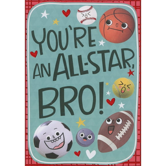 Designer Greetings You're an All-Star: Baseball, Basketball, Tennis Ball, Soccer Ball, Puck and Football Juvenile Sports Valentine's Day Card for Brother