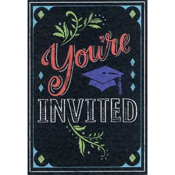Designer Greetings You're Invited: Blue Cap and Blue Diamonds on Black Package of 8 Graduation Party Invitations