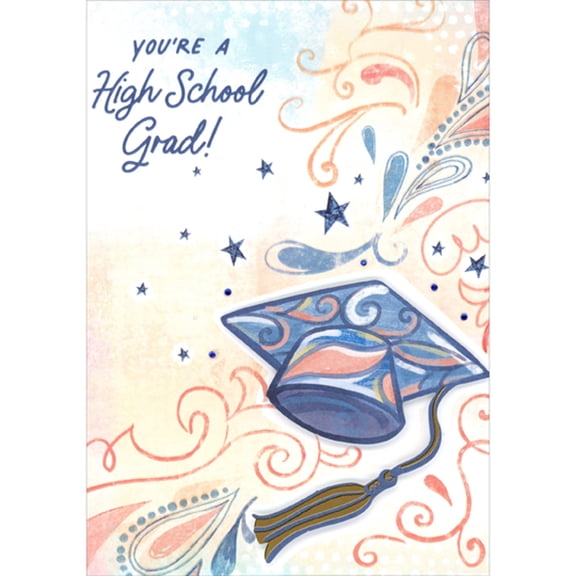 Designer Greetings You're a High School Grad: 3D Blue, White and Pink Cap with Gold Foil Tassel Hand Decorated Graduation Congratulations Card