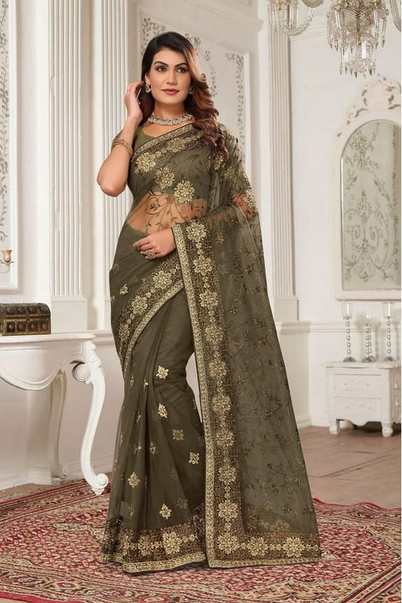 Designer Grey Resham Zari Embroidery Net Saree
