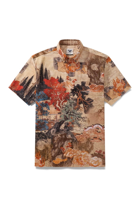 Designer Hawaiian Shirt For Men Cloudy Mountain with Red Tree Button-down Short Sleeve 100% Cotton Shirt