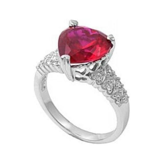 Designer Heart Simulated Ruby Cubic Zirconia Ring Sterling Silver 925 Size 8