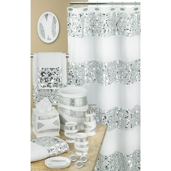 Designer Home 13 Piece Full Bath Accessories - Includes Curtain, Towel Sets, Rug Set (White)