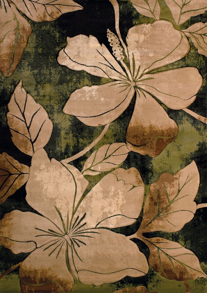 Burgundy and Green Floral Synthetic Rectangular Rug, 3' x 5'