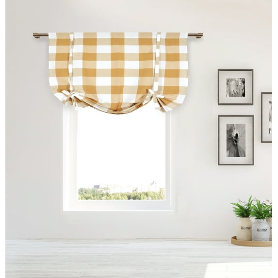 Designer Home Plaid Gingham Checkered 100% Cotton Kitchen Window Curtain Tie-Up Shade (42" Wide x 63" Long), Taupe