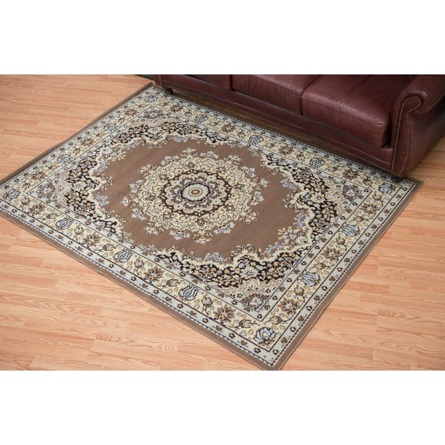 Designer Home Soft Traditional Oriental Area Rug with Center Medallion Actual Size 7' 10" x 10' 6" Rectangle (Ash Beige)