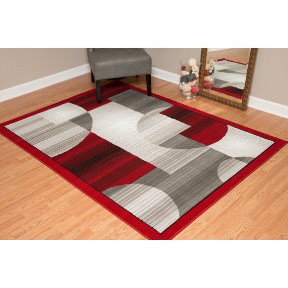 Designer Home Soft Transitional Indoor Modern Area Rug Circles Blocks - Actual Size: 7' 10" x 10' 6" Rectangle (Red)