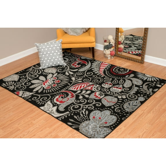 Designer Home Soft Transitional Indoor Modern Area Rug Floral Petals - Actual Size: 2' 3" x 7' 2" Rectangle (Black)