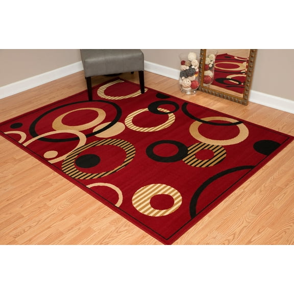 Designer Home Soft Transitional Indoor Modern Area Rug Rings Donuts - Actual Size: 5' 3" x 7' 2" Rectangle (Red)