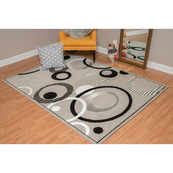Designer Home Soft Transitional Indoor Modern Area Rug Rings Donuts - Actual Size: 1' 11" x  3' 3" Rectangle (Silver)