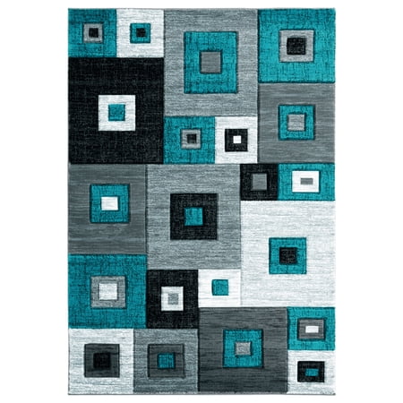 Designer Home Swan Area Rug 2050 10269 Cicero Turquoise Boxes Squares 5' 3" x 7' 6" Rectangle