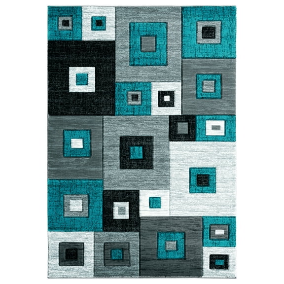 Designer Home Swan Area Rug 2050 10269 Cicero Turquoise Boxes Squares 5' 3" x 7' 6" Rectangle
