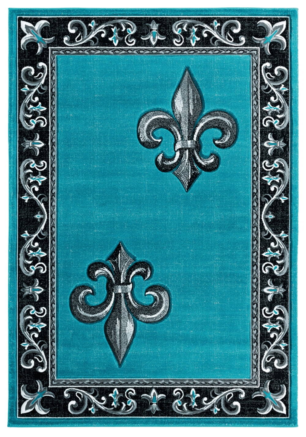 Turquoise and Black Synthetic Fleur de Lis Area Rug 2' x 3'