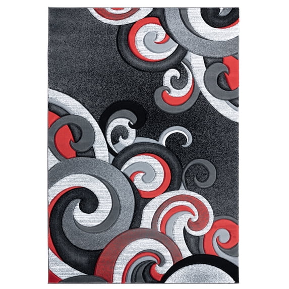 Designer Home Swan Area Rug 2050 11330 Rhiannon Red Stripes Curls 7' 10 x 7' 10" Round