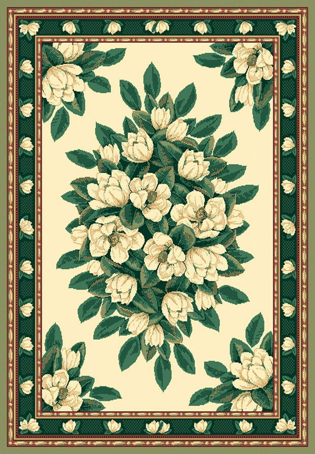 Cream Floral Polypropylene Area Rug with Green Accents, 5x8