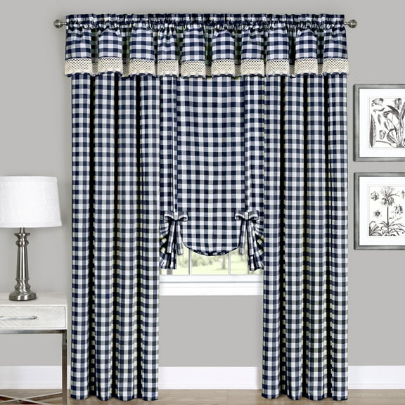 Designer Home Window Panel Curtain Checkered Kitchen Drape Tie-Up Shade Plaid Gingham Check Navy 42" x 63"
