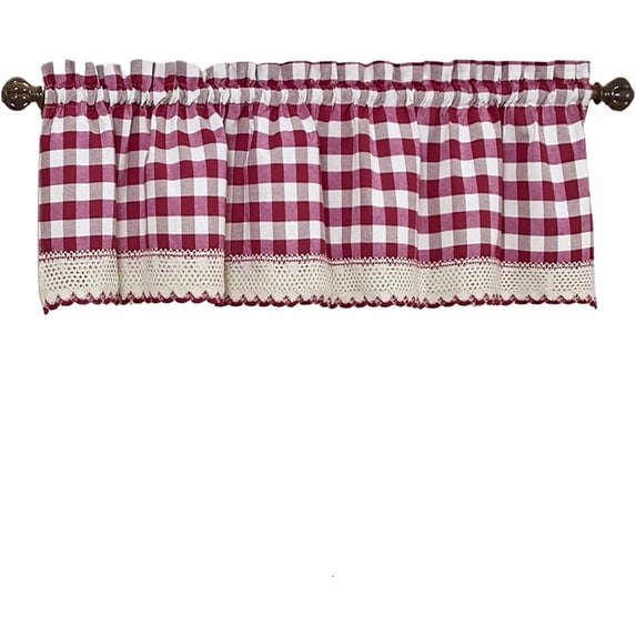 Designer Home Window Panel Curtain Drape Valance Scarf Gingham Checked Checkered Plaid Burgundy - 58" X 14"