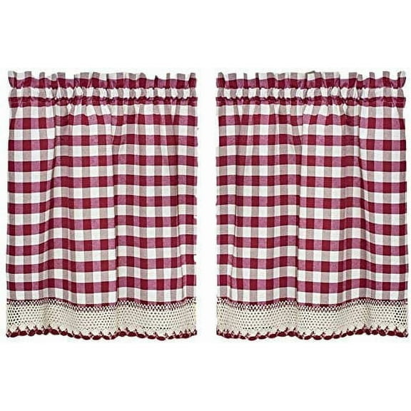 Designer Home Window Panel Curtain Tier Pair Kitchen Drape Plaid Gingham Checked Burgundy Checkered Panel