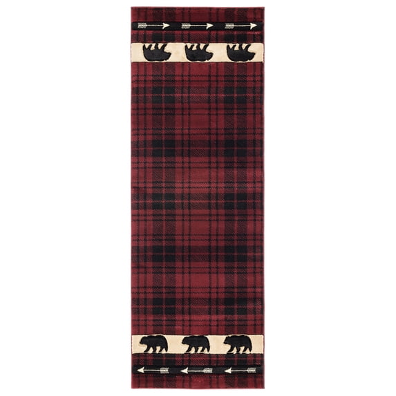 Designer Home Woodlands Area Rug 2055 41434 Tartan Bear Burgundy 2' 7" x 7' 4" Rectangle