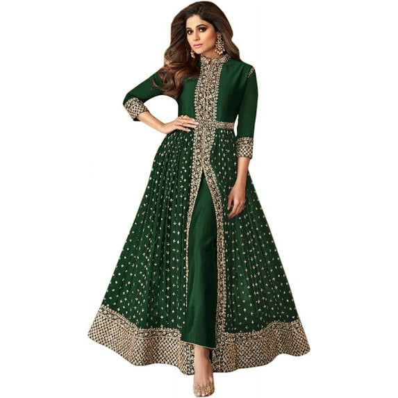 Designer Indian Slit Full Flared Anarkali Gown Suits Pakistani Salwar Kameez Dress ( Green, XS - 36 )