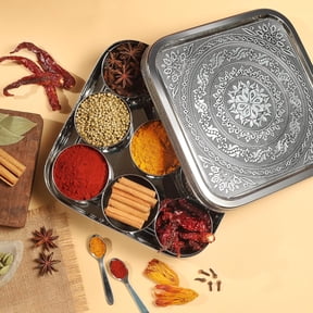 Designer Indian Spice Tin Stainless Steel Masala Dabba Large Curry Cooking Spice Tiffin Box Kitchen Container Set with 9 Compartments