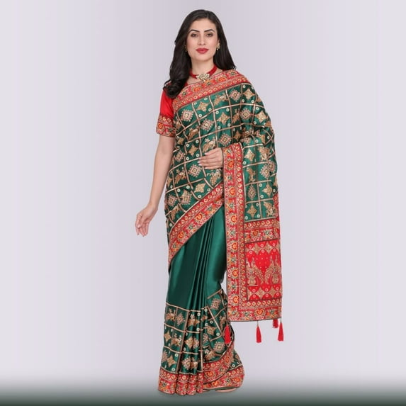 Designer Indian Wedding Sari in Green and Red Size: S, Color: Green