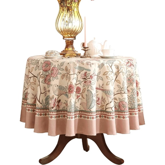Designer Italian Floral Linen Tablecloth for Round Tables,French Farmhouse Table Cloth with Birds Pattern,Provencal Decoration Table Cover for Kitchen Dining,Thanksgiving,Diameter 60"