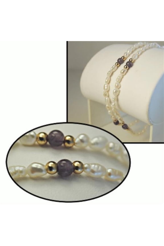 AMYPEARLBRAC Biwa Pearl Amethyst Bracelet 2 strand gemstone 7.5'' yellow gold plate bead NWT