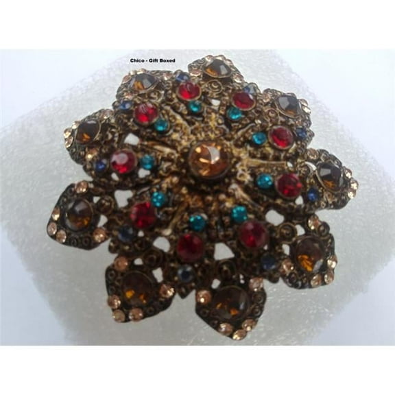 Designer Jewelry CHICOBROOCH Chicos Brooch Large Multi Colored Stone Pin Bronze Gift Boxed NWT
