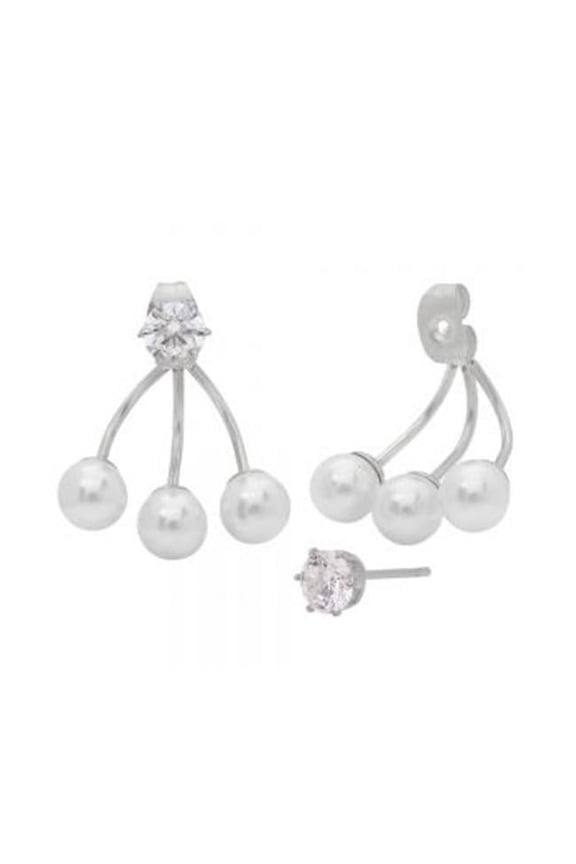 Stainless Steel Ear Jacket Earrings With Simulated Pearls and Diamonds