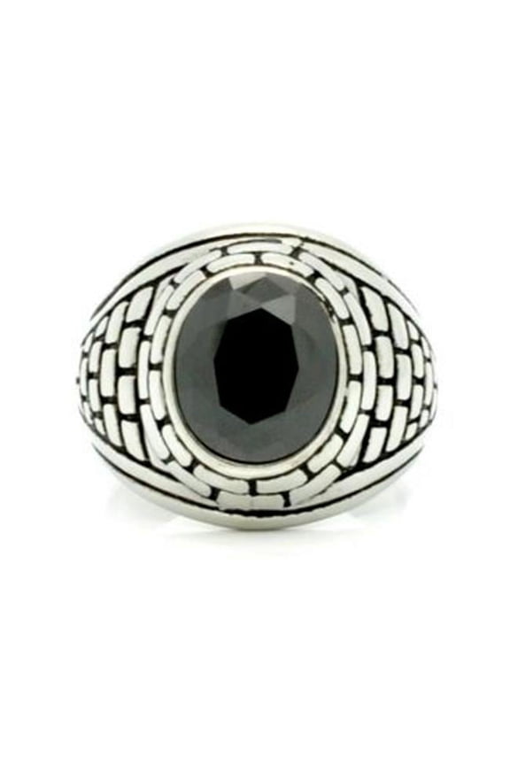 Steel Ring with Simulated Black Stone