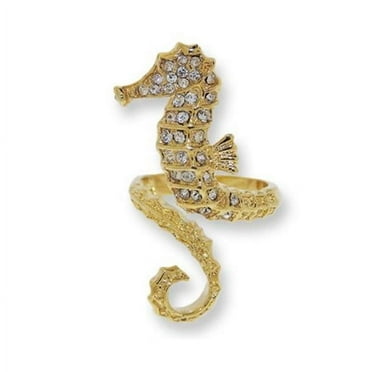 Designer Jewelry  White Czech crystal sea horse rings set in Yellow Gold
