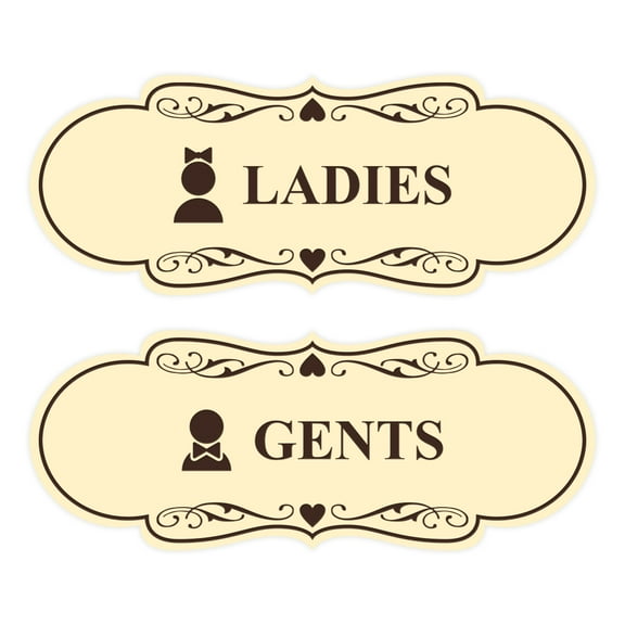 Designer Ladies and Gents Restroom Signs, Bow Ties and Tiaras (Set of 2) (Ivory/Dark Brown) - Medium