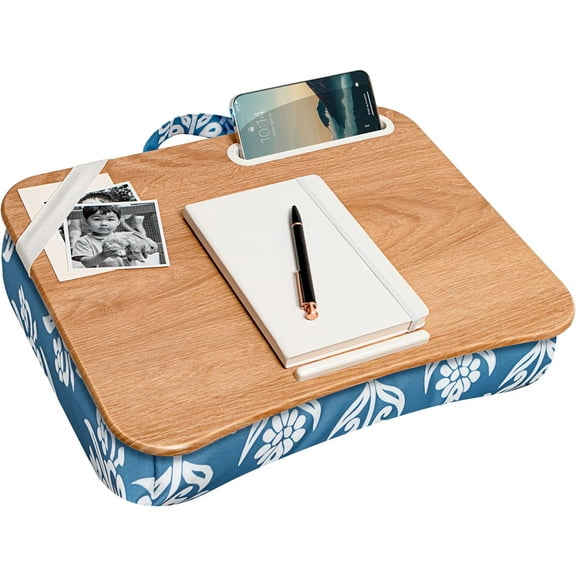 Designer Lap Desk with Phone Holder and Device Ledge - Floral Block Print - Fits up to 15.6 Inch Laptops