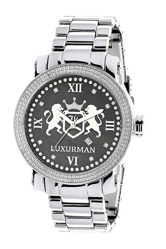 Designer Large Watches: Phantom Real Diamond Watch for Men 0.12ct Black MOP Metal Band + Leather Straps