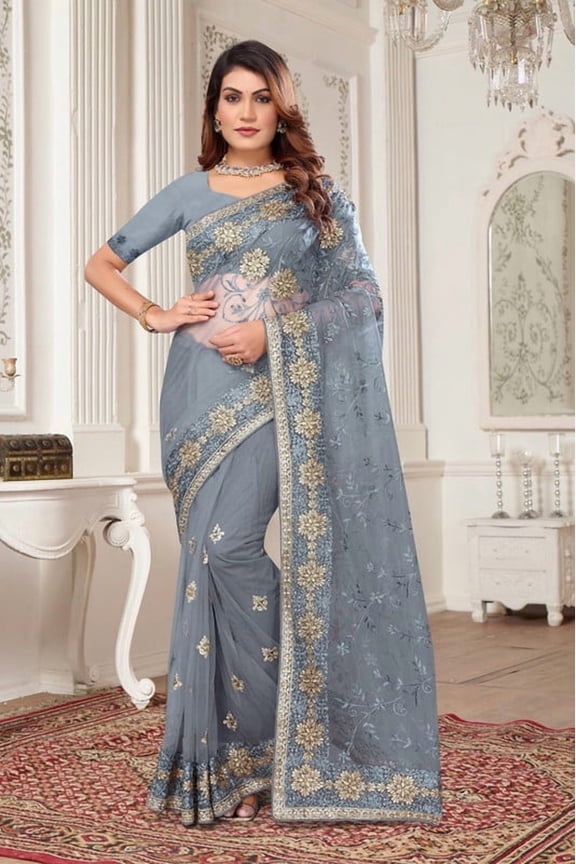 Designer Light Grey Resham Zari Embroidery Net Saree