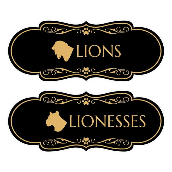 Designer Lions and Lionesses, Novelty Restroom Signs, set of 2 (Black /Gold) - Small