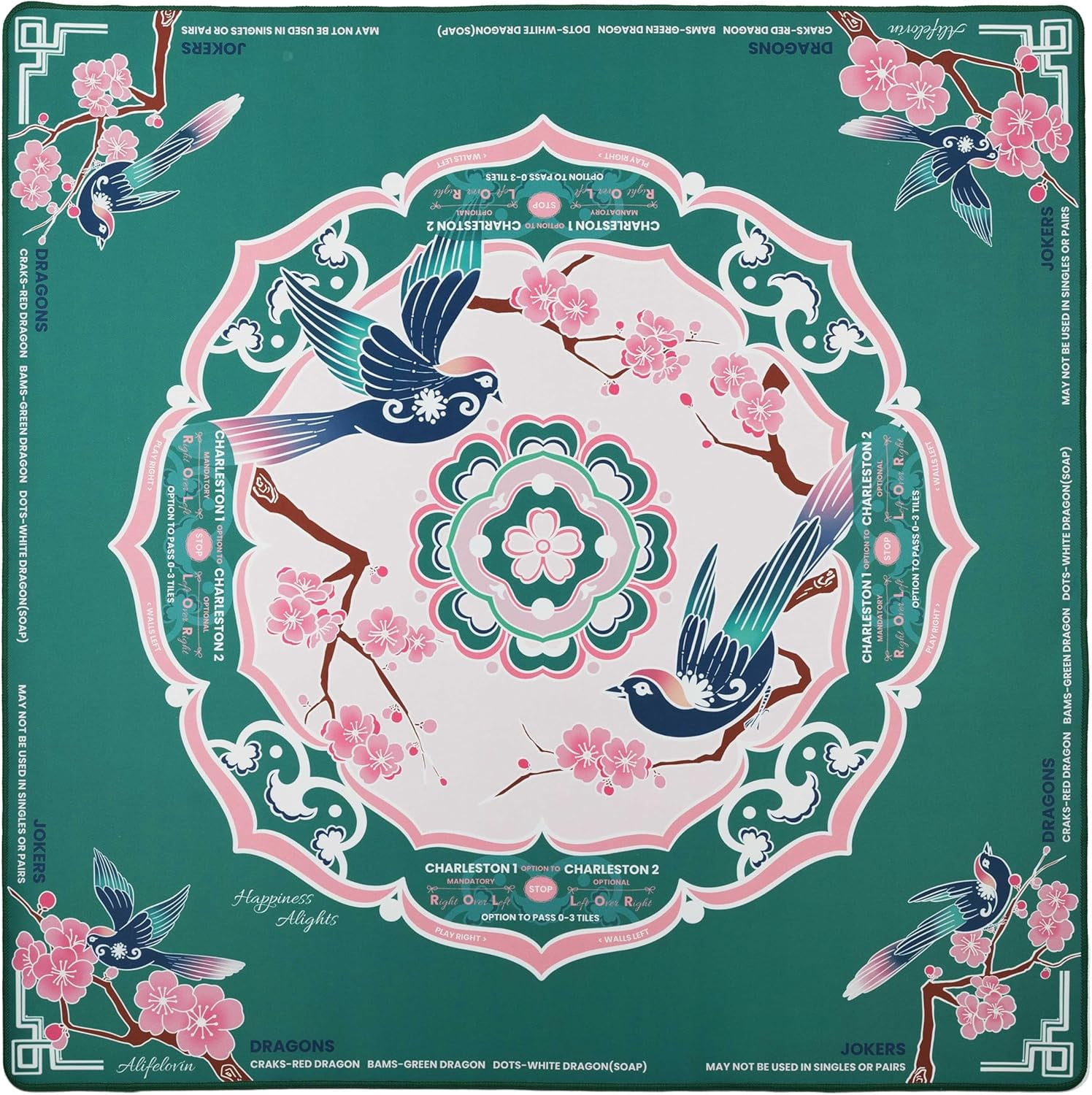 Designer Mahjong Mat - American Mah jongg Mat for Table 31.5x31.5 Inch Non-Slip Noise Reduction Mahjong Mat with Rules, Portable Gaming Mat for Poker, Tiles & Dominoes (Happiness Alights-Bird)