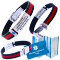 thumbnail image 1 of Designer Medical Bracelets: Ultra Slim Style, Hypoallergenic, Waterproof Silicone Bracelet, Custom Engraving, Emergency Medical Card, Complimentary Access PHR - (Red Design on Black), 1 of 9