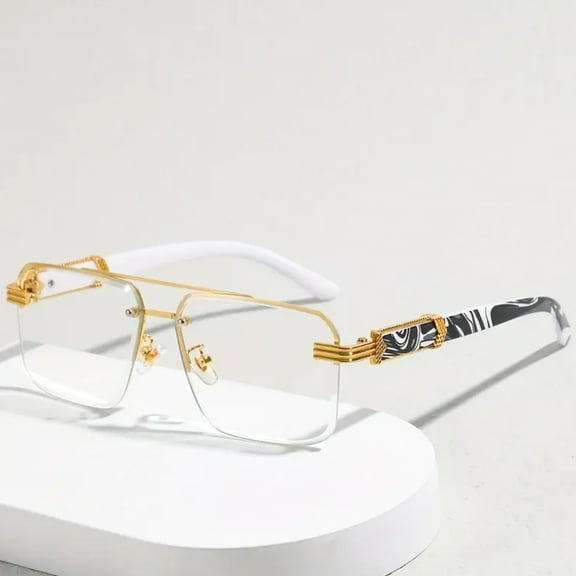 Designer Men Women Rimless Gold Frame Gray Marble Arm 90s Old School Rectangle Frameless Retro Trendy Cool Hip Hop Fashion Square Eye Glasses Clear Tint Glasses