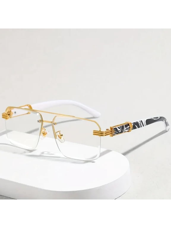 Designer Men Women Rimless Gold Frame Gray Marble Arm 90s Old School Rectangle Frameless Retro Trendy Cool Hip Hop Fashion Square Eye Glasses Clear Tint Glasses
