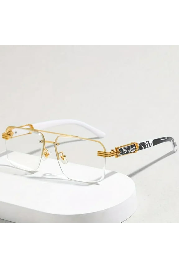 Designer Men Women Rimless Gold Frame Gray Marble Arm 90s Old School Rectangle Frameless Retro Trendy Cool Hip Hop Fashion Square Eye Glasses Clear Tint Glasses