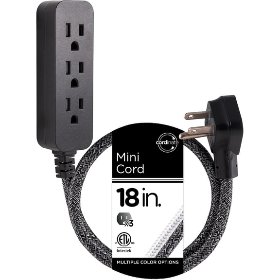Designer Mini 3-Outlet Power Strip, 18 in Braided Extension Cord, Grounded Adapter, Low-Profile Flat Plug, ETL Listed, Black/Dark Heather, 47298