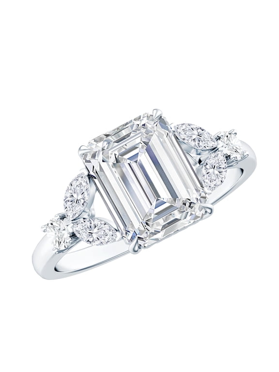 Designer Moissanite Engagement Ring - 7X9 mm Emerald Cut Moissanite Ring - D-VS1 Grade, 925 Sterling Silver, US 7.00