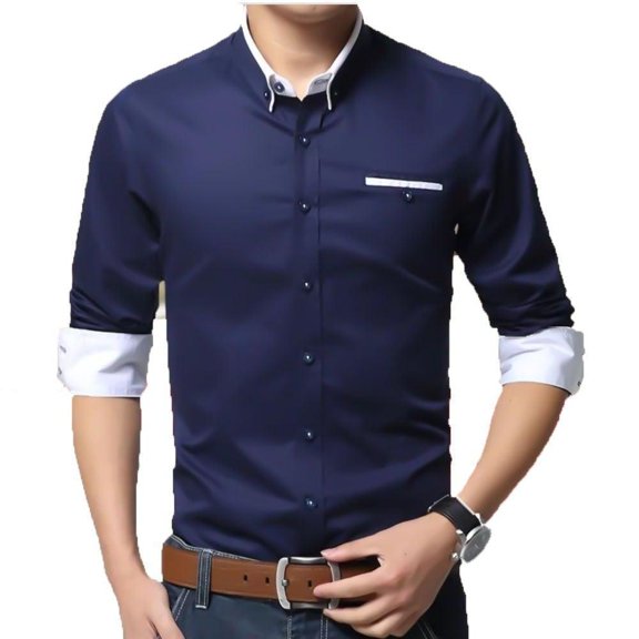 Designer Navy Blue Casual Cotton Solid Shirt for Men