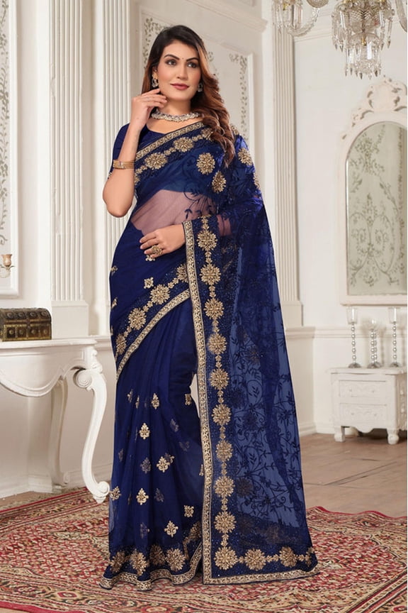 Designer Navy Blue Resham Zari Embroidery Net Saree